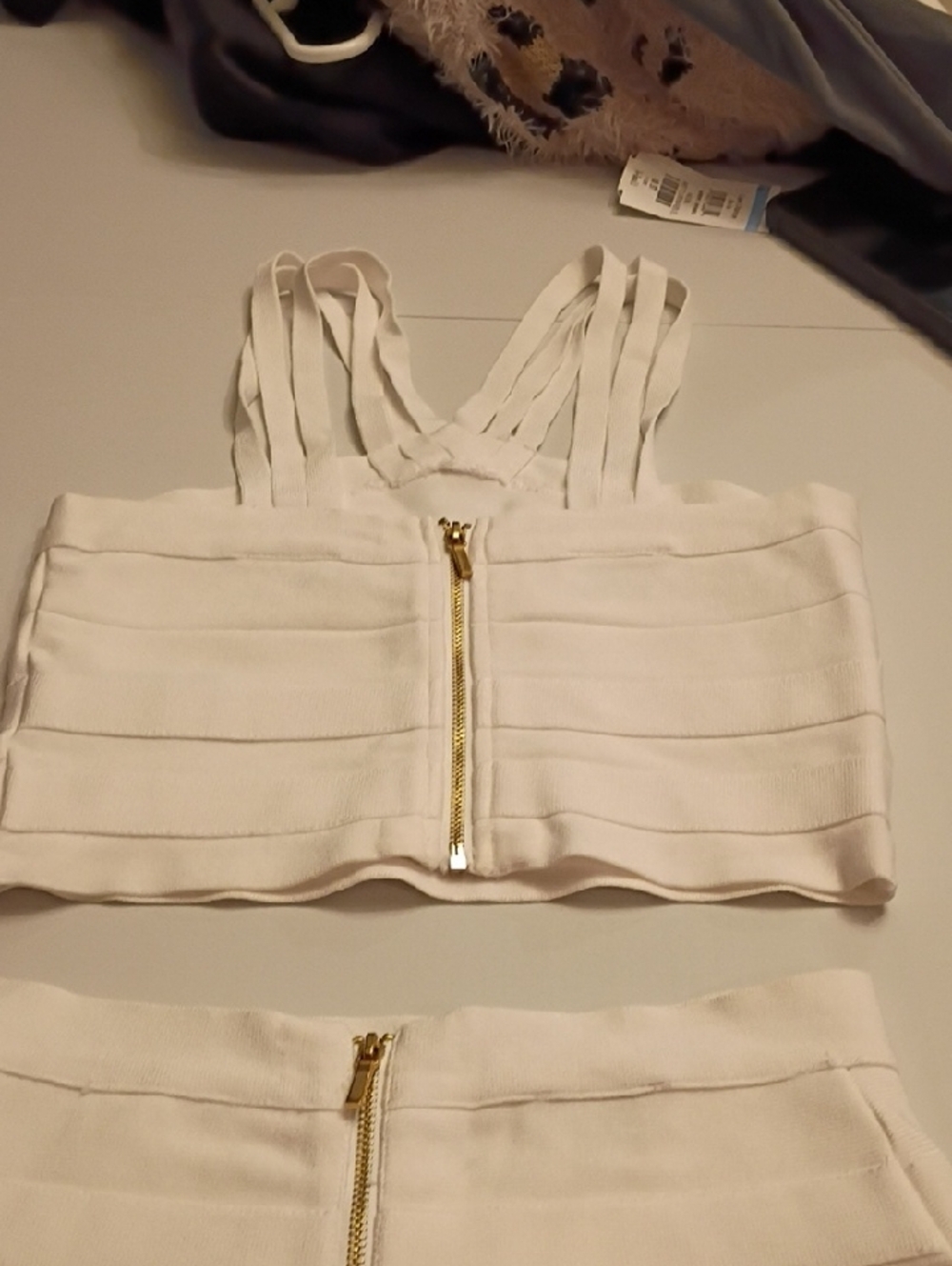 bebe White Bandage Mini Skirt  And Tank with Gold Buckle Accents - Picture 8 of 16